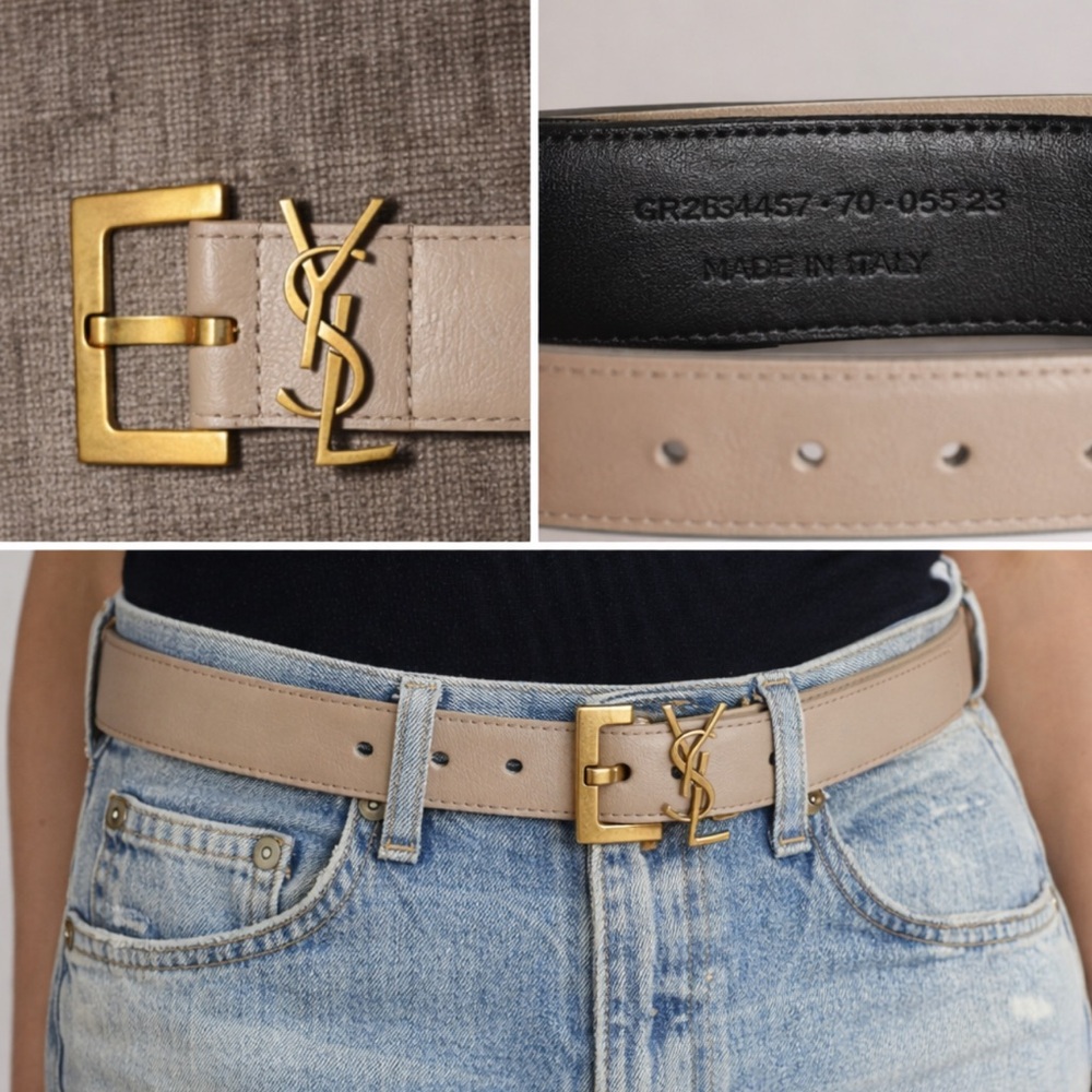 Saint Laurent YSL Cassandre Square Buckle Belt Beige Calfskin Italy — AUTHENTIC - Picture 6 of 12